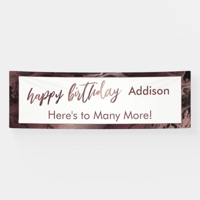 Modern Rose Gold & Black Marble Happy Birthday Banner (Horizontal)