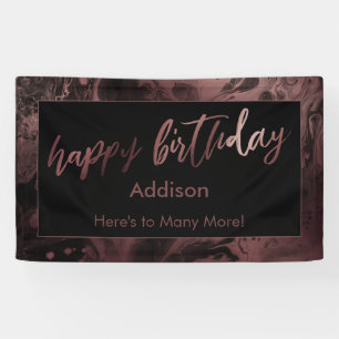 Modern Rose Gold & Black Marbled Happy Birthday Banner