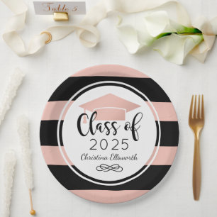 Modern Rose Gold Black Stripes Custom Graduation Paper Plate