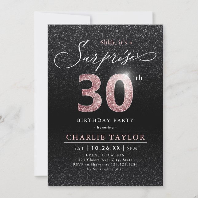 Modern rose gold black surprise 30th birthday invitation (Front)