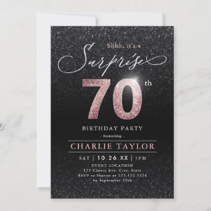 Modern rose gold black surprise 70th birthday invitation