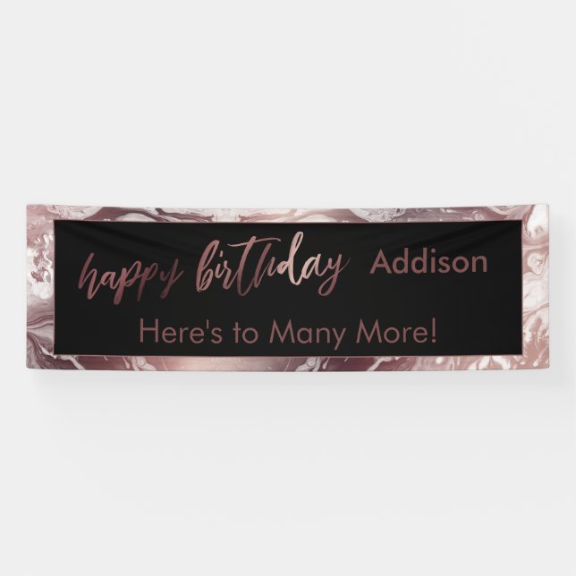 Modern Rose Gold Black White Marble Happy Birthday Banner (Horizontal)