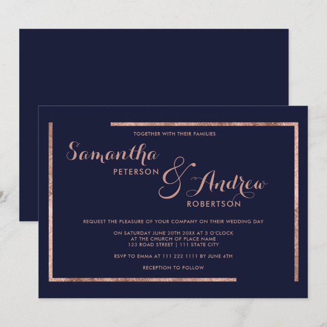 Modern rose gold border navy blue script wedding invitation (Front/Back)