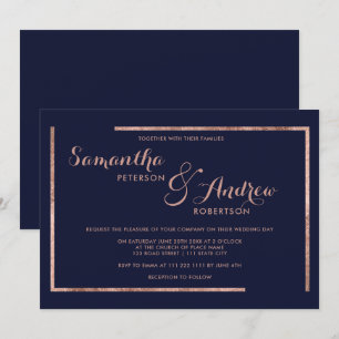 Modern rose gold border navy blue script wedding invitation