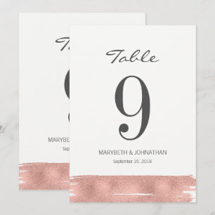 Modern Rose Gold Brush Wedding Table Number Card