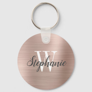 Modern Rose Gold Brushed Metal Monogram Keychain