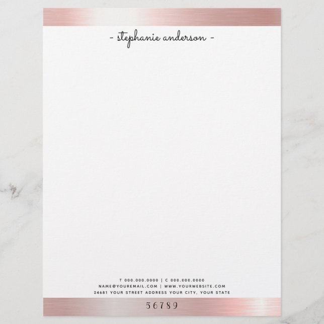 Modern Rose Gold Brushed Metallic Personalized Letterhead (Front)