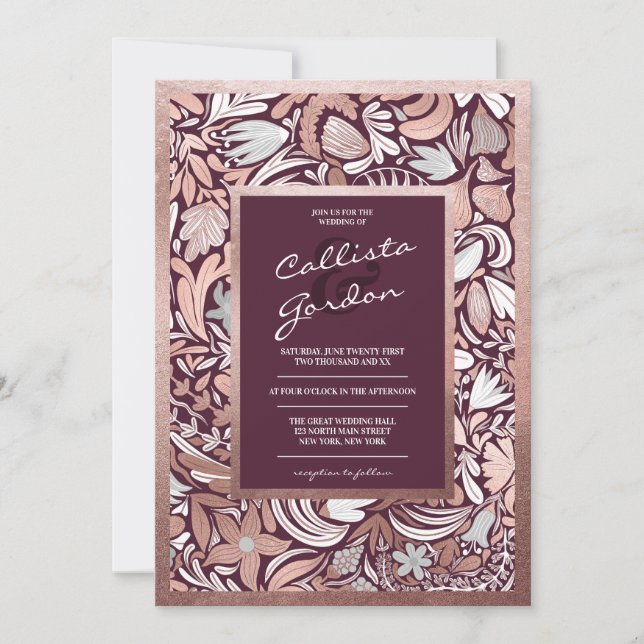 Modern Rose Gold Burgundy Floral Botanical Wedding Invitation (Front)