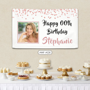 Modern Rose Gold Confetti Any Age Birthday Photo Banner