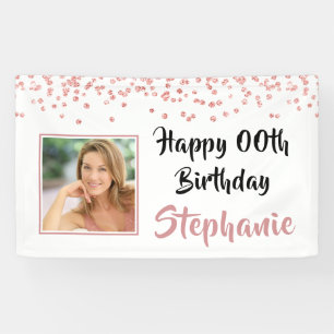 Modern Rose Gold Confetti Any Age Birthday Photo Banner
