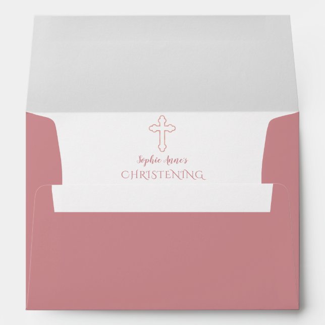 Modern Rose Gold Cross Christening Return Address Envelope (Back (Bottom))