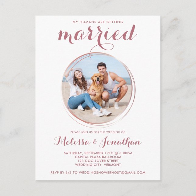 Modern Rose Gold Custom Pet Photo Dog Wedding Invitation Postcard (Front)