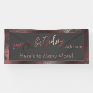 Modern Rose Gold Dark Gray Marble Happy Birthday Banner
