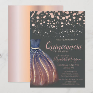 Modern Rose Gold Dots,Chic Dress Grey Quinceañera Invitation