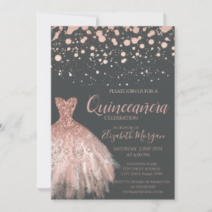 Modern Rose Gold Dots,Dress Grey Quinceañera Invitation
