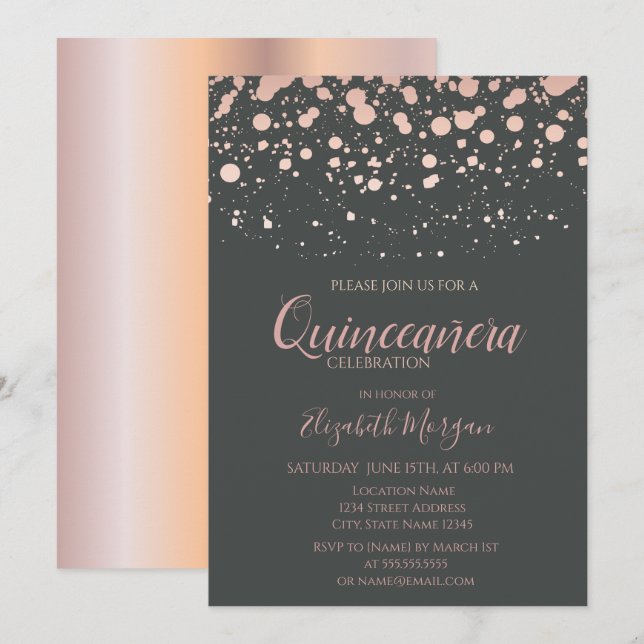 Modern Rose Gold Dots, Grey  Quinceanera Invitation (Front/Back)