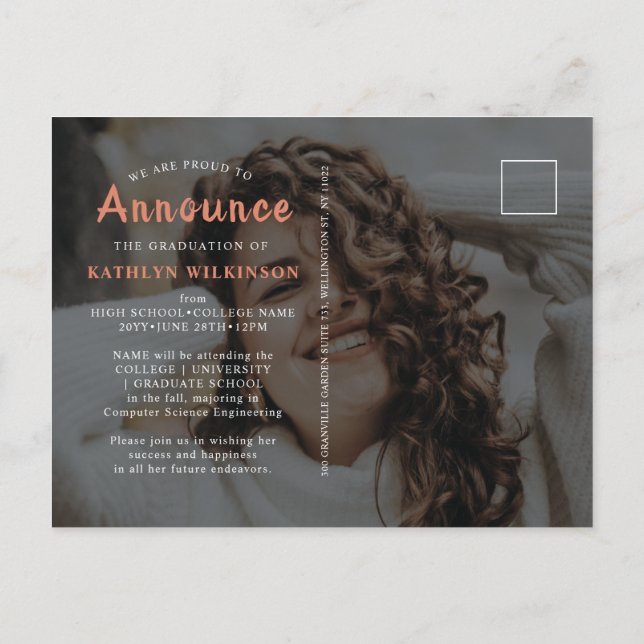 Modern Rose Gold Elegant Script 2 Photo Graduation Announcement Postcard (Back)