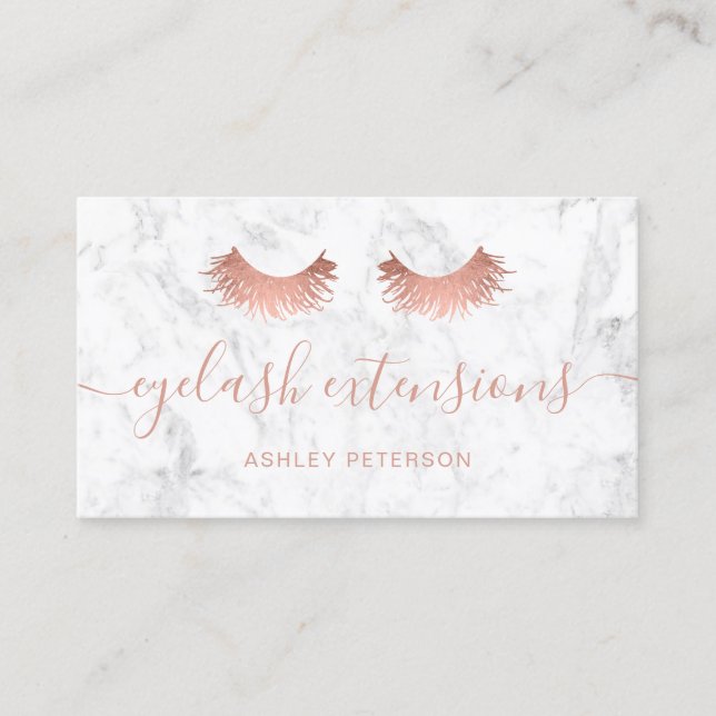 Modern rose gold eyelashes trendy white marble business card (Front)