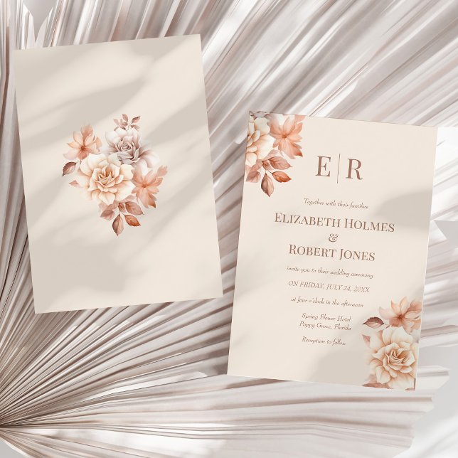 Modern Rose Gold Floral Monogram Wedding  Invitation (Modern Rose Gold Floral Monogram Wedding Invitation on a sunny neutral dry palm leaf.)