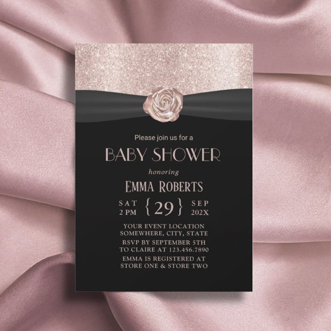 Modern Rose Gold Floral Ribbon Luxury Baby Shower Invitation (Creator Uploaded)