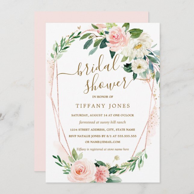 Modern Rose Gold Floral Wreath Bridal Shower Invitation (Front/Back)