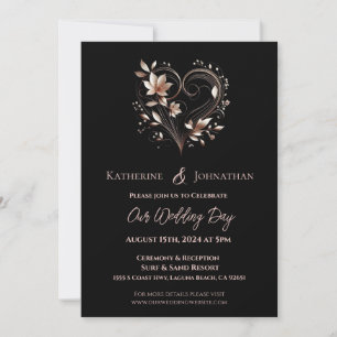Modern Rose Gold Flowers and a Heart Invitation