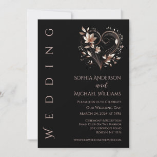 Modern Rose Gold Flowers and a Heart Wedding Invitation