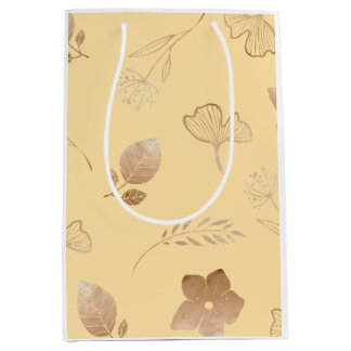 Modern rose gold flowers and leaves medium gift bag
