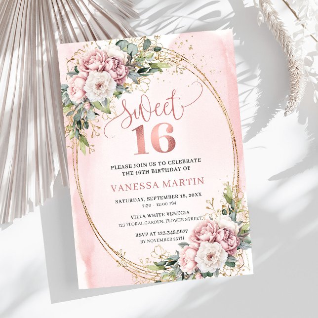 Modern Rose Gold Flowers Eucalyptus 16th Birthday  Invitation (Modern Rose Gold Flowers Eucalyptus 16th Birthday Invitation

)