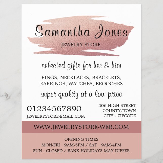 Modern Rose Gold Foil Brushstroke, Jewelry Store Flyer (Front)