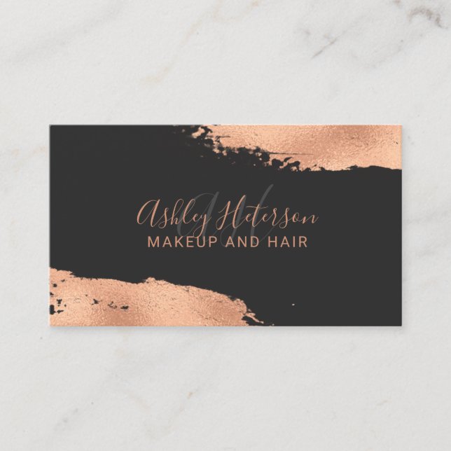 Modern rose gold foil brushstroke makeup monogram business card (Front)