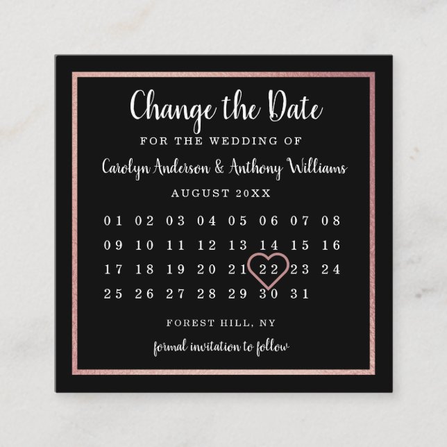Modern Rose Gold Foil Calendar Change The Date Enclosure Card (Front)
