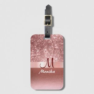 Modern Rose Gold Foil Faux Glitter Monogram Luggage Tag