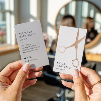 Modern rose gold foil hair stylist scissors logo business card