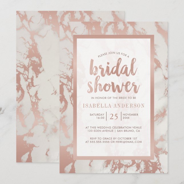 Modern Rose Gold Foil & Marble Bridal Shower Invitation (Front/Back)