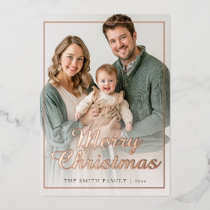 Modern Rose Gold Foil Merry Christmas Family Photo Holiday Card