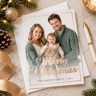 Modern Rose Gold Foil Merry Christmas Family Photo Holiday Card