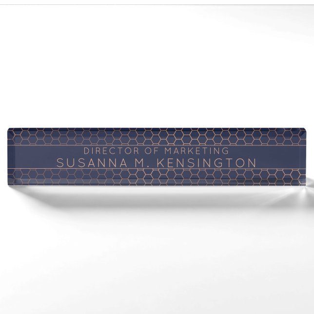 Modern Rose Gold Foil Navy Blue Geometric Hexagon Nameplate (Front)