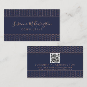 Modern Rose Gold Foil Navy Blue Geometric QR Code Business Card