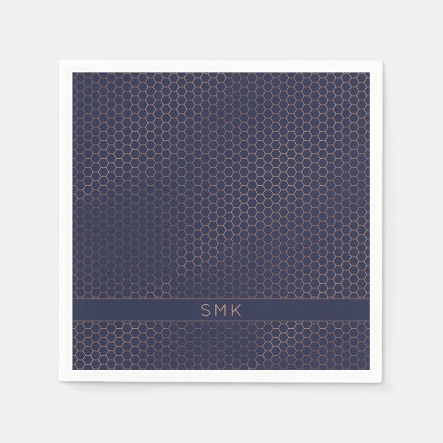 Modern Rose Gold Foil Navy Blue Hexagon Monogram Napkin (Front)