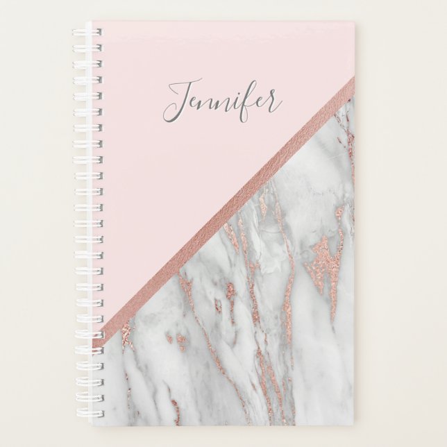Modern Rose Gold Foil Pink Grey Marble | Add NAME Planner (Front)