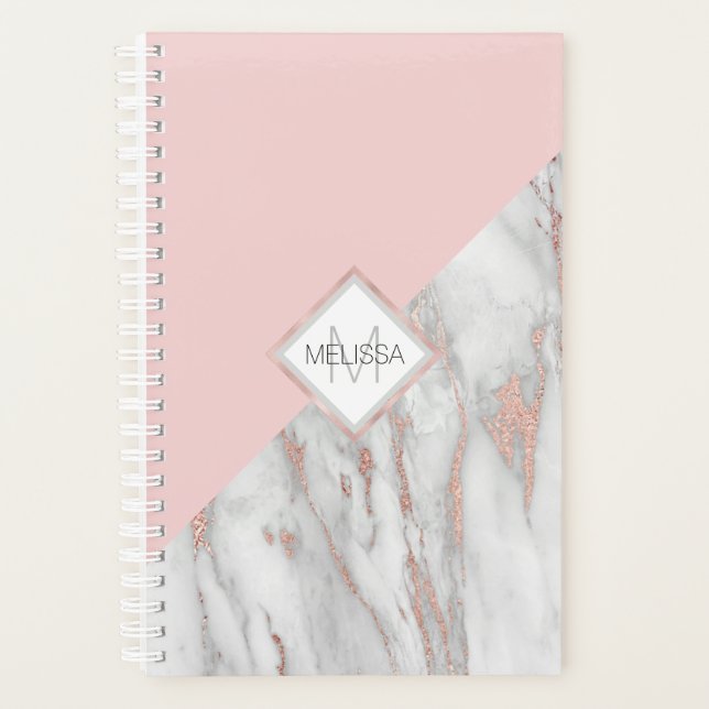 Modern Rose Gold Foil Pink Grey Marble | MONOGRAM Planner (Front)