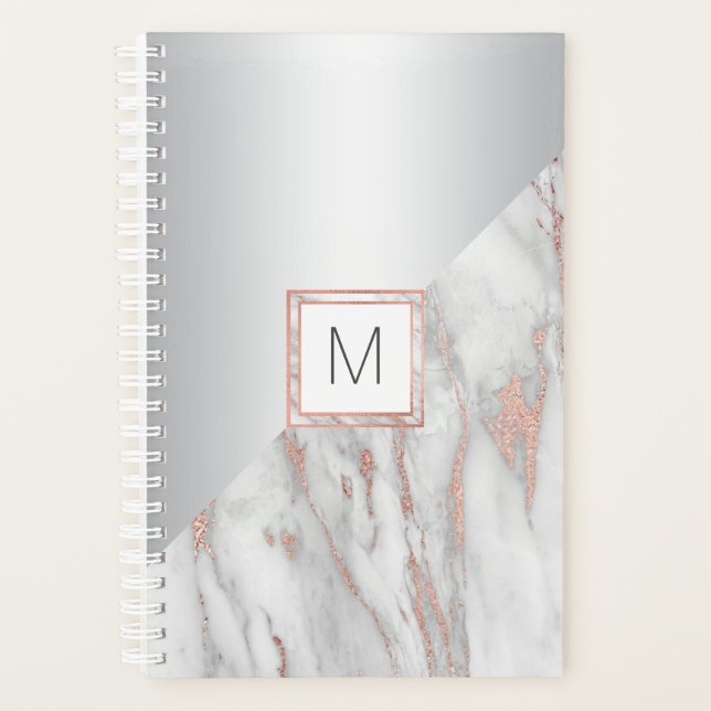 Modern Rose Gold Foil Pink Grey Marble | MONOGRAM Planner (Front)