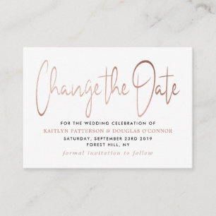 Modern Rose Gold Foil Script Change The Date Enclosure Card