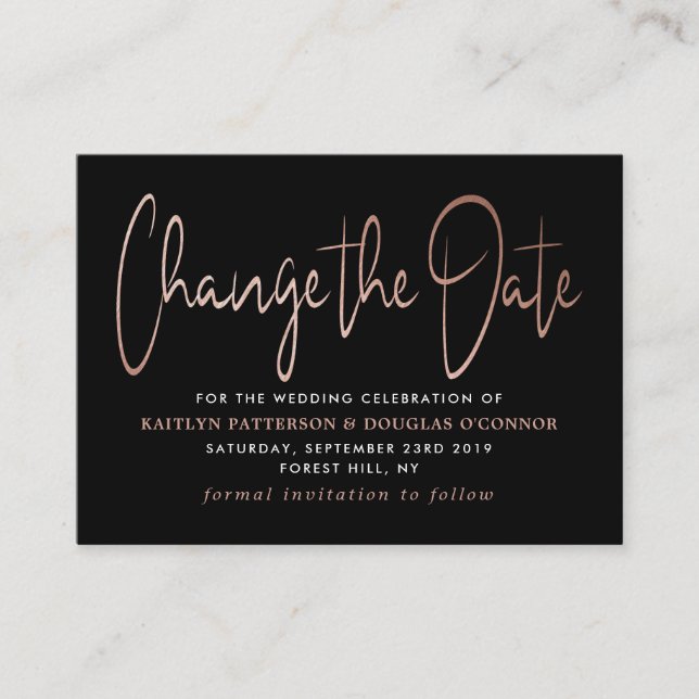 Modern Rose Gold Foil Script Change The Date Enclosure Card (Front)