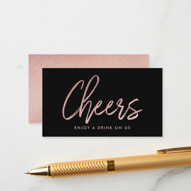 Modern Rose Gold Foil Script "Cheers" Drink Ticket Enclosure Card (Front/Back In Situ)