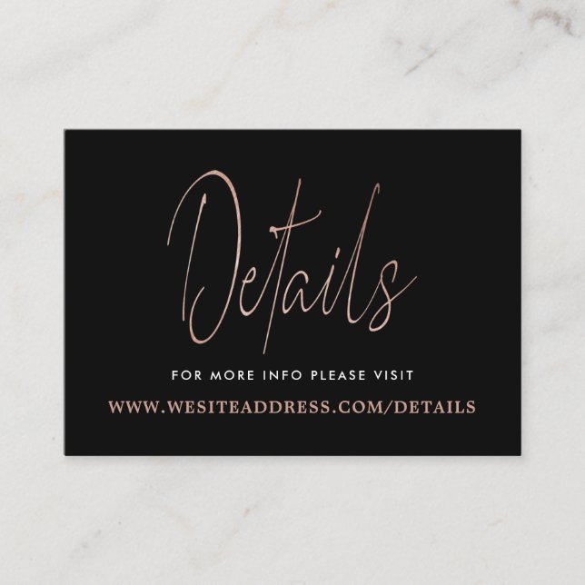 Modern Rose Gold Foil Script Details Enclosure Card (Front)