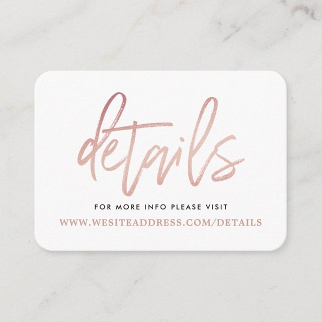 Modern Rose Gold Foil Script Details Enclosure Card (Front)