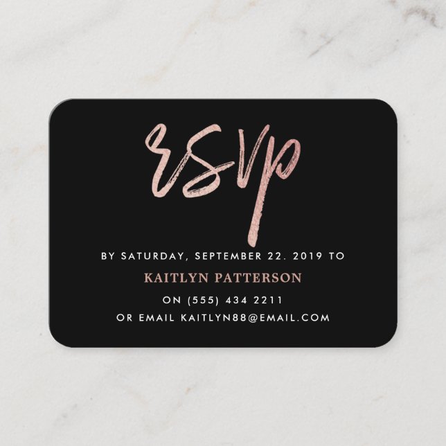 Modern Rose Gold Foil Script RSVP Enclosure Card (Front)