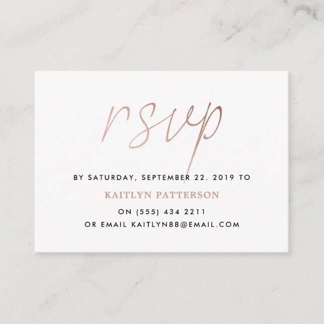 Modern Rose Gold Foil Script RSVP Enclosure Card (Front)